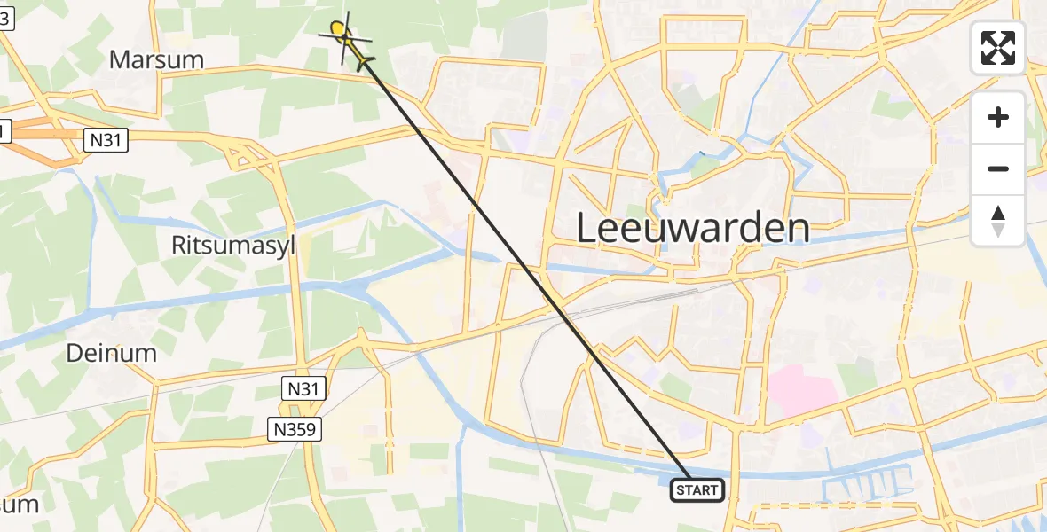 Vluchtroute Ambulancehelikopter van Leeuwarden naar Leeuwarden