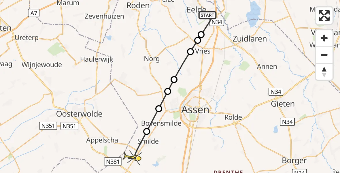 Routekaart van de vlucht: Lifeliner 4 naar Smilde, Pelikaanstraat