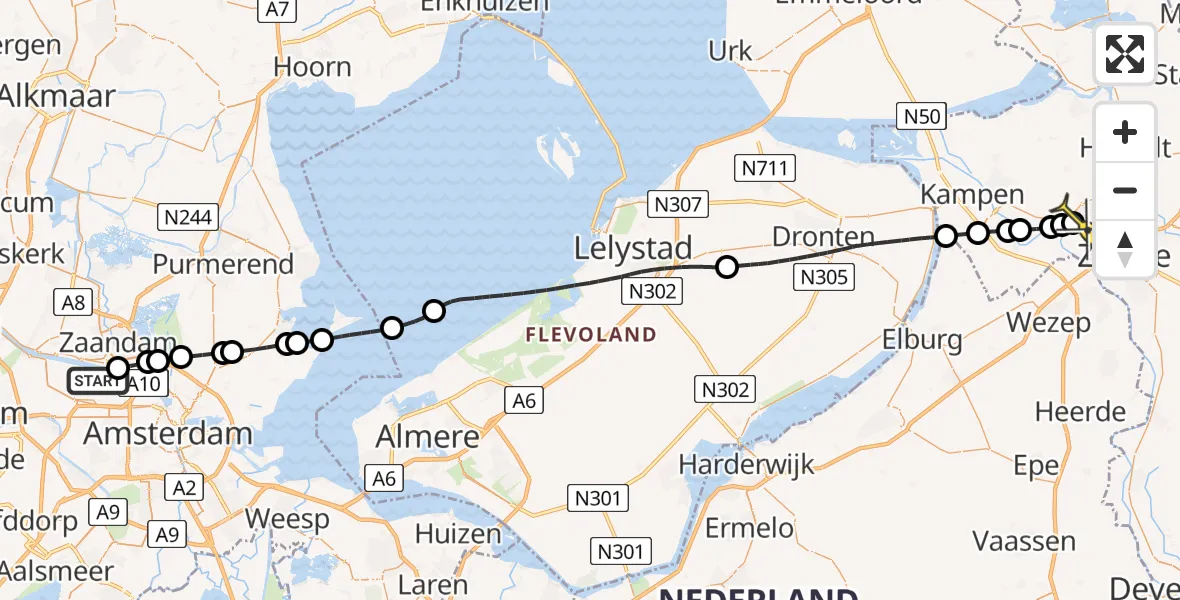 Routekaart van de vlucht: Lifeliner 1 naar Zwolle, Stadsstrand Kanaal Noord