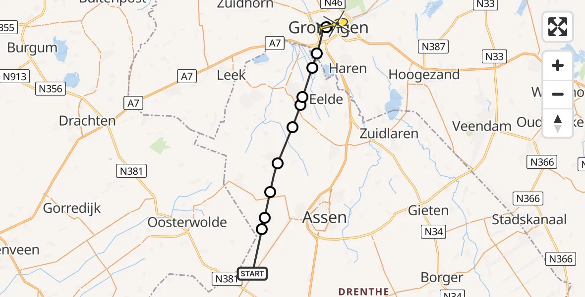 Routekaart van de vlucht: Lifeliner 4 naar Universitair Medisch Centrum Groningen, Brugstraat