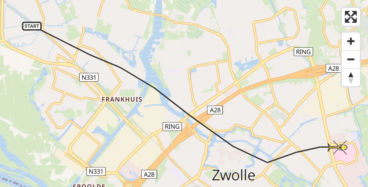 Routekaart van de vlucht: Lifeliner 1 naar Zwolle, Houtwalstraat