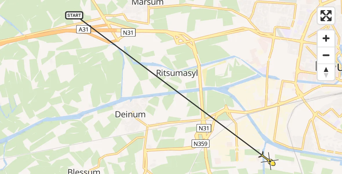 Vluchtroute Ambulancehelikopter van Marsum naar Leeuwarden