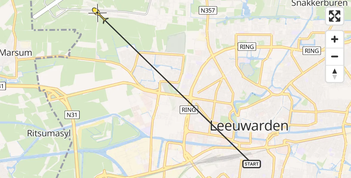 Vluchtroute Ambulancehelikopter van Leeuwarden naar Vliegbasis Leeuwarden