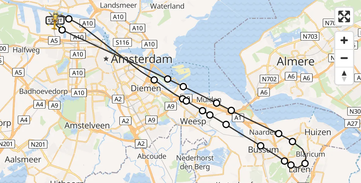 Vluchtroute Traumahelikopter van Amsterdam Heliport naar Amsterdam Heliport