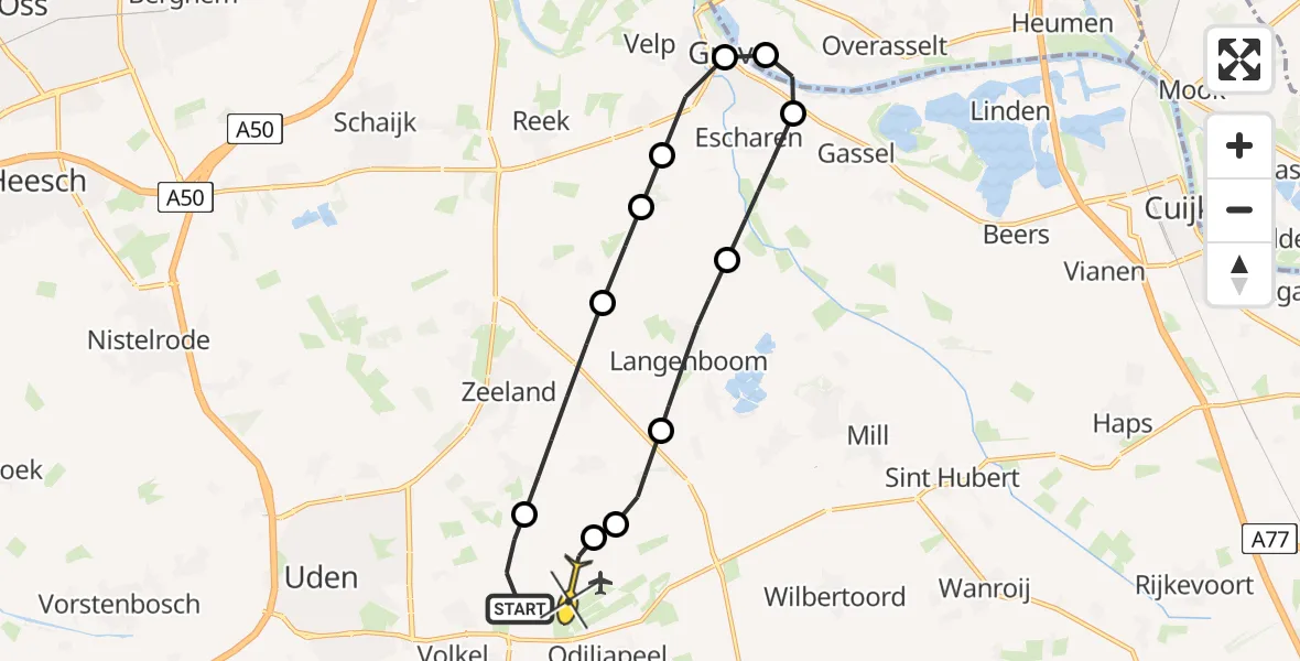 Routekaart van de vlucht: Lifeliner 3 naar Vliegbasis Volkel, De Bunders