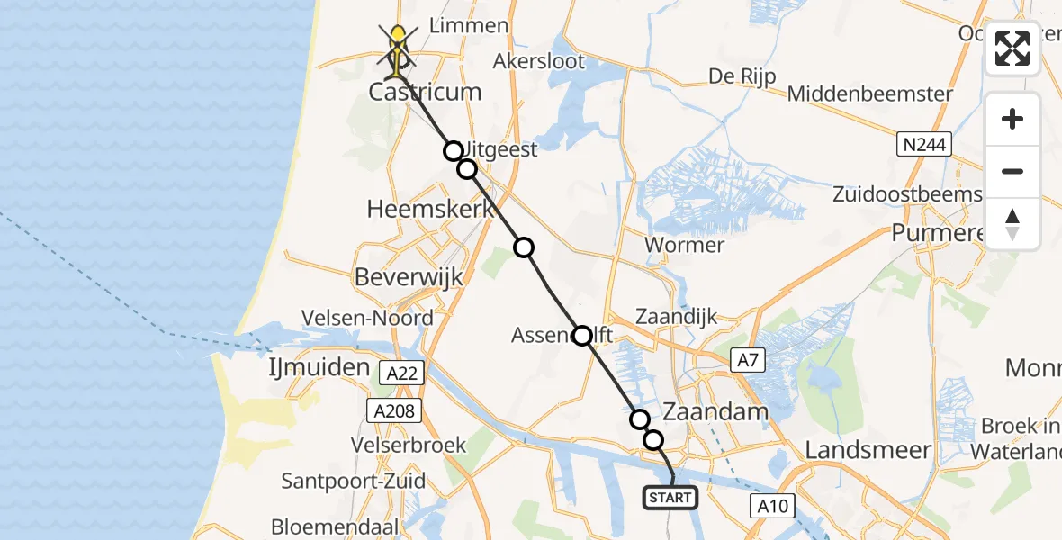Routekaart van de vlucht: Lifeliner 1 naar Castricum, Albert Heijn Distributiecentrum