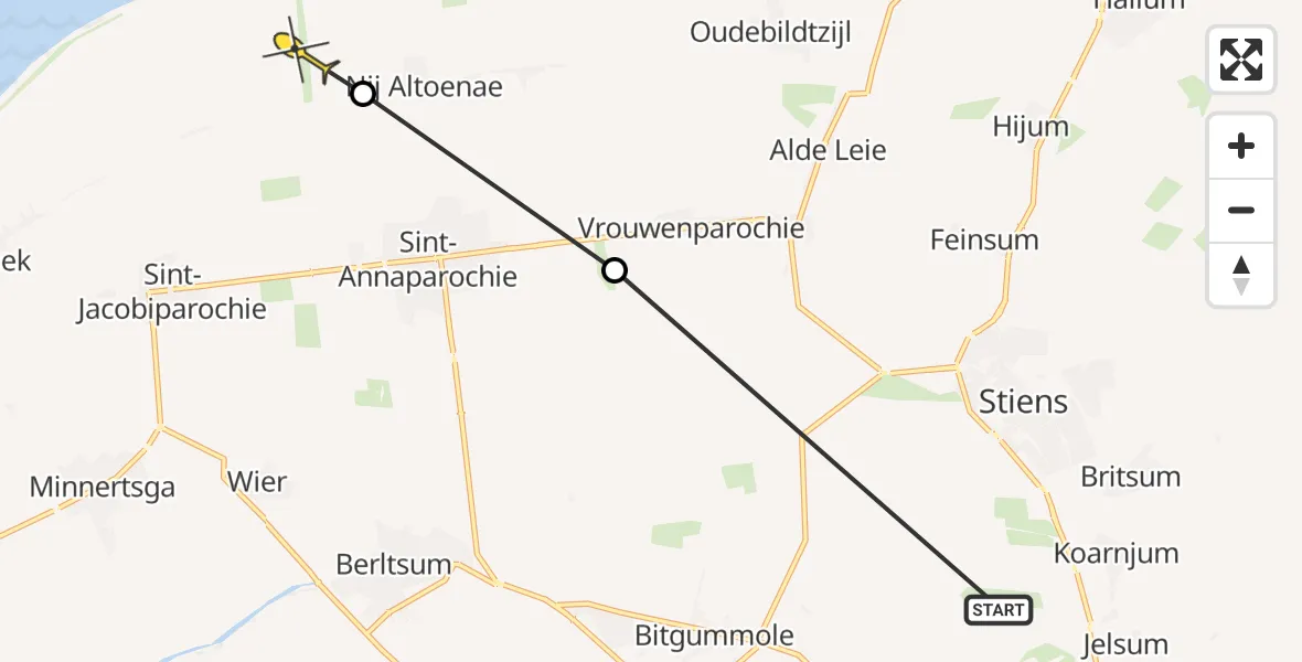 Routekaart van de vlucht: Ambulancehelikopter naar St.-Jacobiparochie, Middelweg-Oost