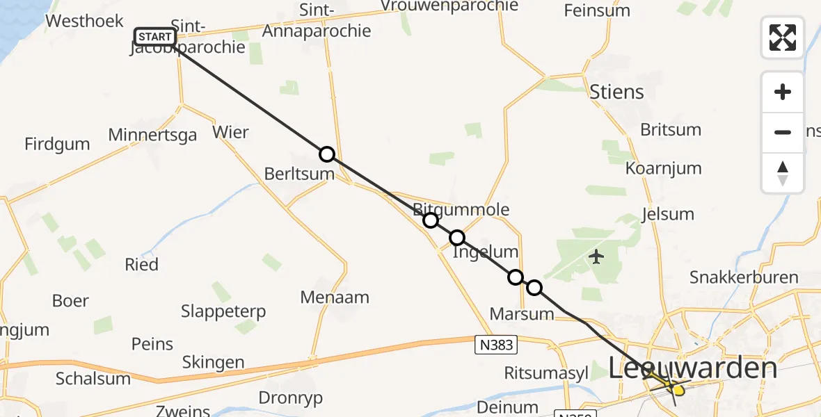 Routekaart van de vlucht: Ambulanceheli naar Leeuwarden, Bildtdyk