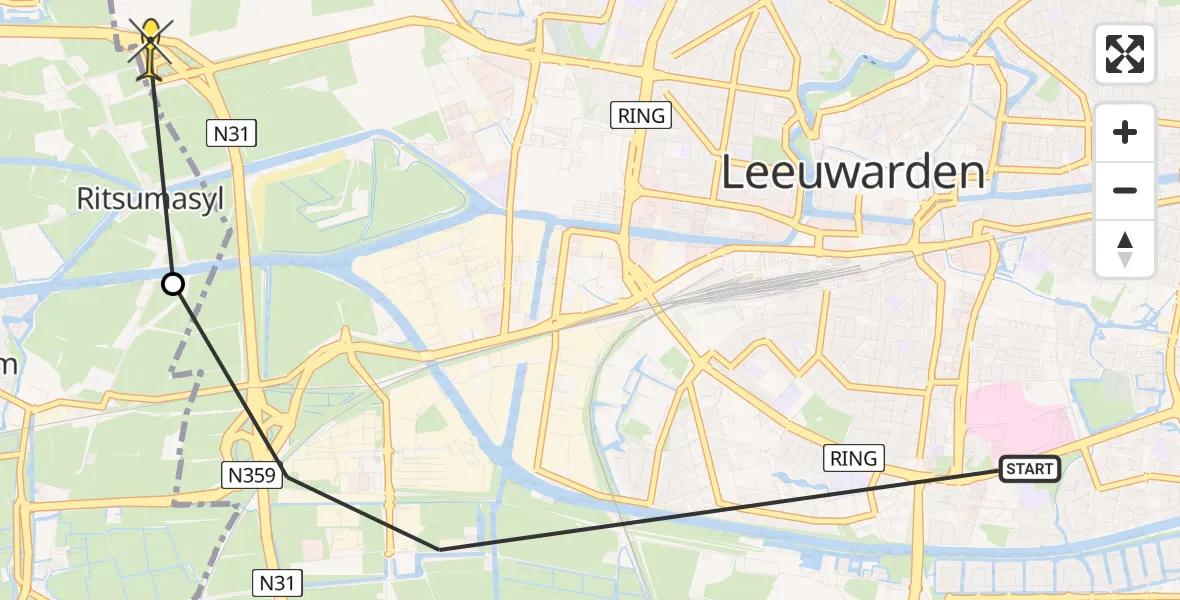 Vluchtroute Ambulancehelikopter van Leeuwarden naar Leeuwarden