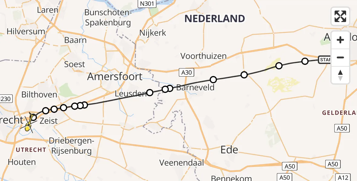 Routekaart van de vlucht: Lifeliner 1 naar Universitair Medisch Centrum Utrecht, Jhr. J. Hora Siccama van de Harkstede bank