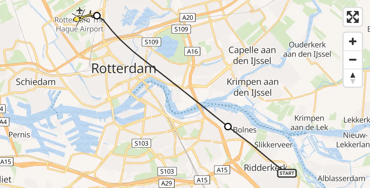 Routekaart van de vlucht: Lifeliner 2 naar Rotterdam The Hague Airport, Benedenrijweg