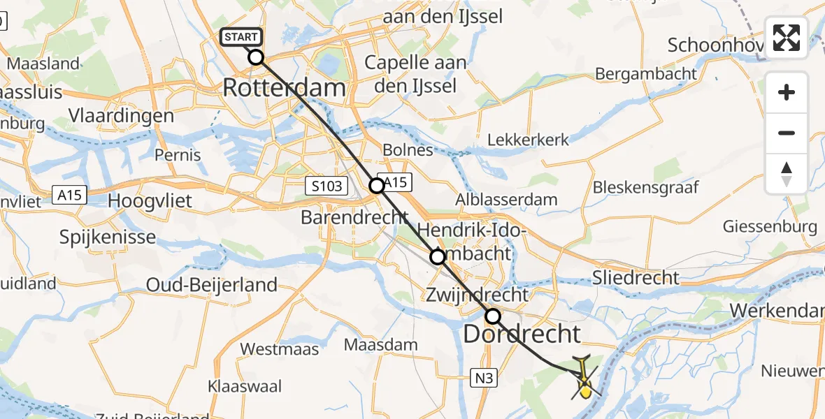 Routekaart van de vlucht: Lifeliner 2 naar Dordrecht, Overschiese Kleiweg