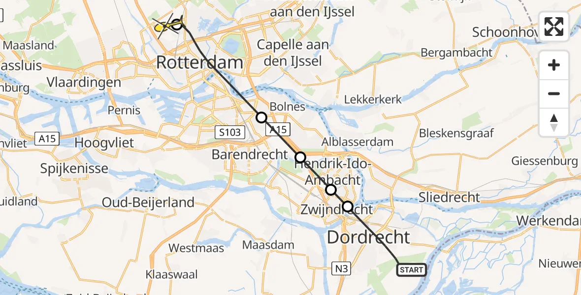 Routekaart van de vlucht: Lifeliner 2 naar Rotterdam The Hague Airport, Buffer Zuid