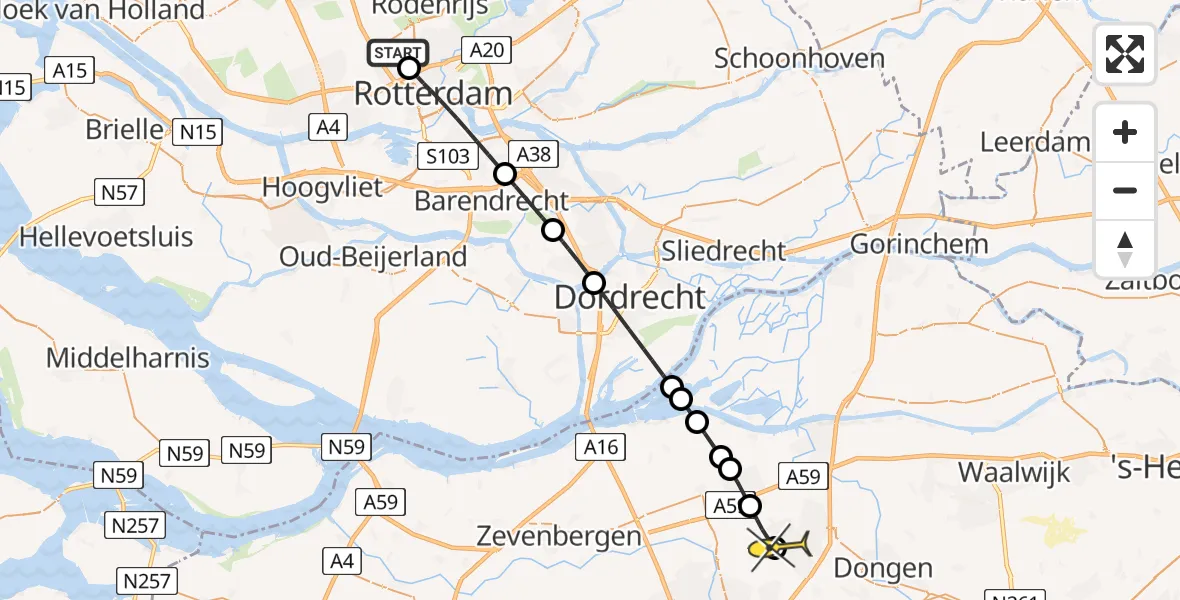 Routekaart van de vlucht: Lifeliner 2 naar Oosterhout, Overschiese Kleiweg