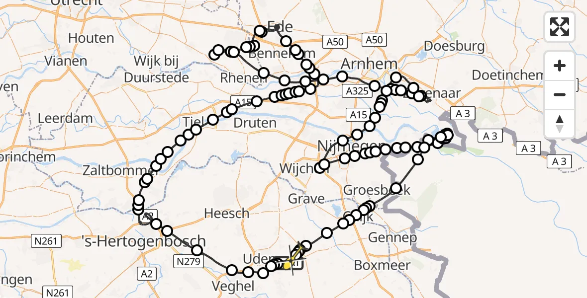 Routekaart van de vlucht: Politieheli naar Vliegbasis Volkel, Zeelandsedijk