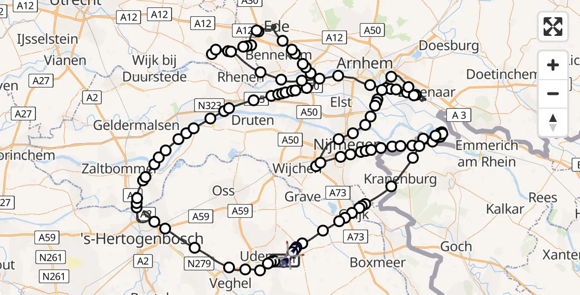 Vluchtroute Politiehelikopter van Vliegbasis Volkel naar Vliegbasis Volkel