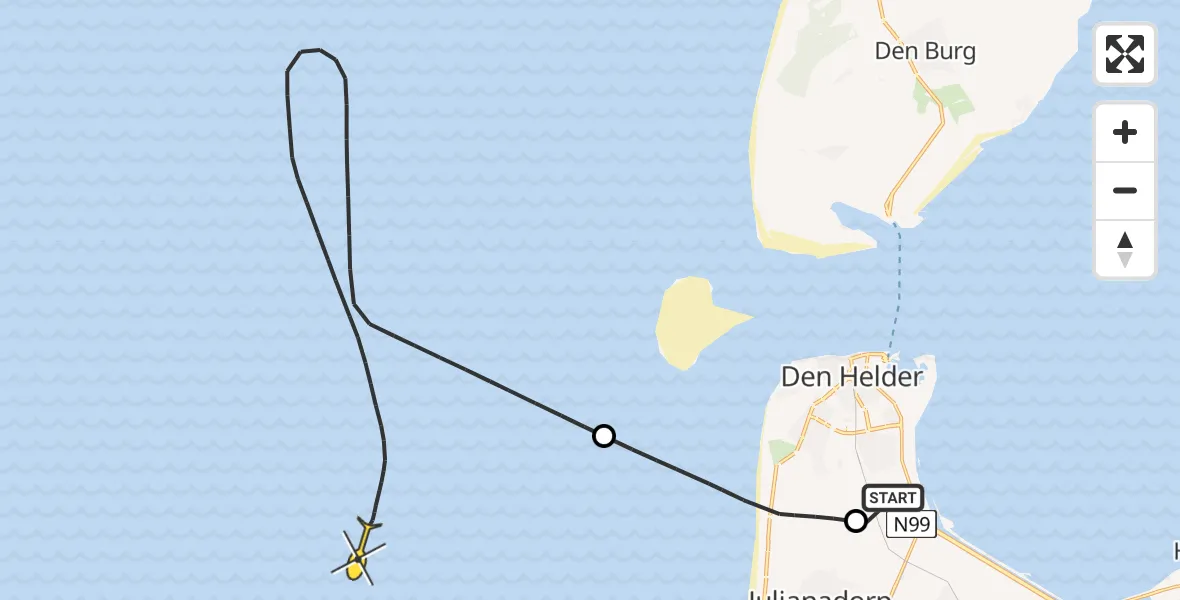 Routekaart van de vlucht: Kustwachthelikopter naar Middenvliet