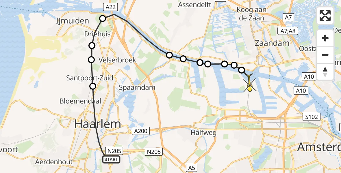 Routekaart van de vlucht: Lifeliner 1 naar Amsterdam Heliport, Schipholpoort