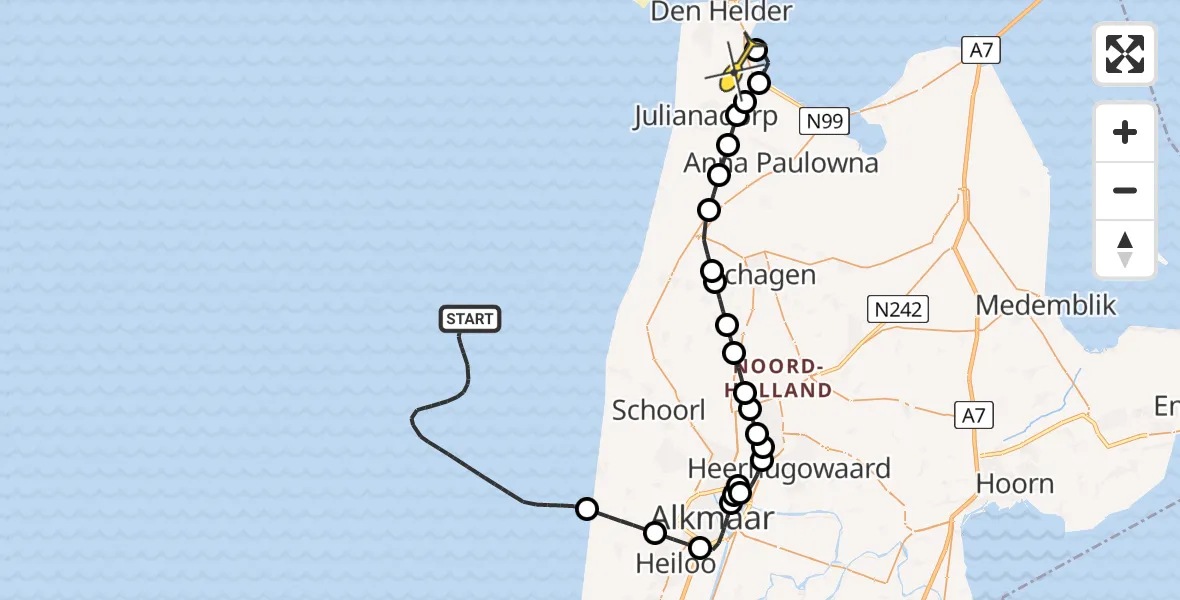 Routekaart van de vlucht: Kustwachthelikopter naar Vliegveld De Kooy, Luchthavenweg