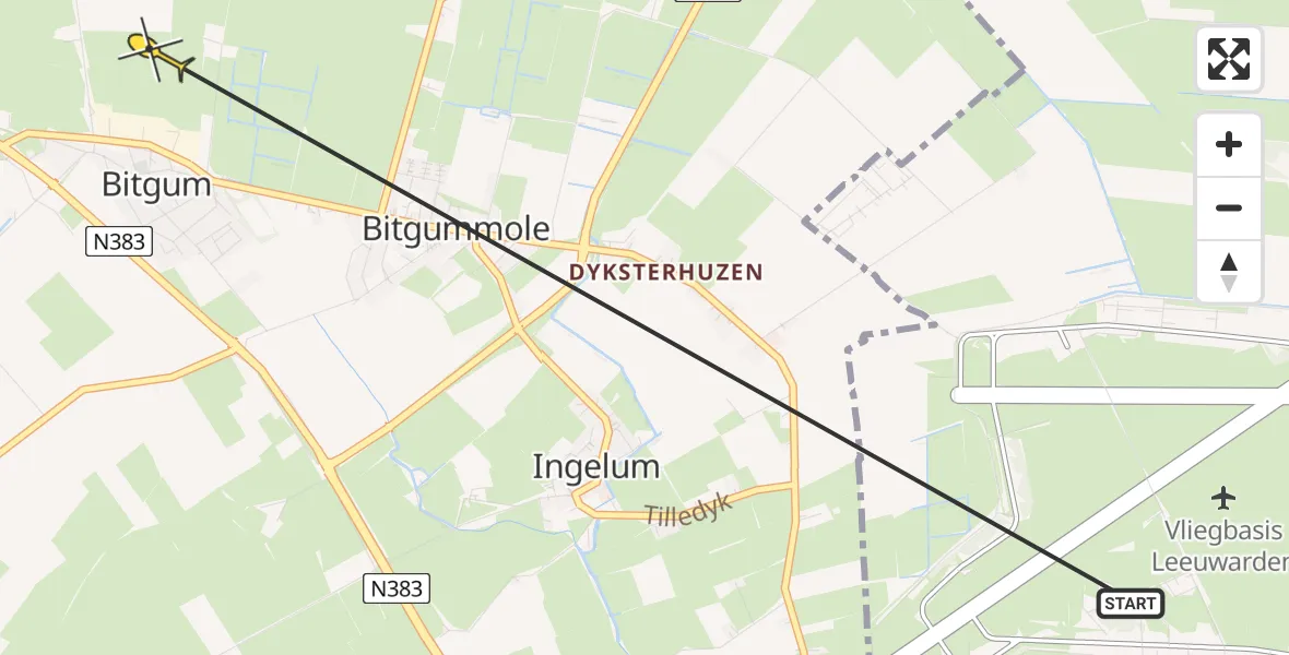 Routekaart van de vlucht: Ambulancehelikopter naar St.-Annaparochie, Alddyk