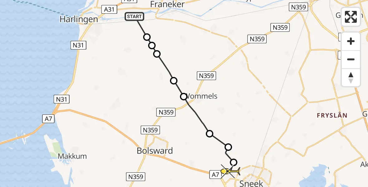 Routekaart van de vlucht: Ambulanceheli naar Ysbrechtum, Kerkbuurt