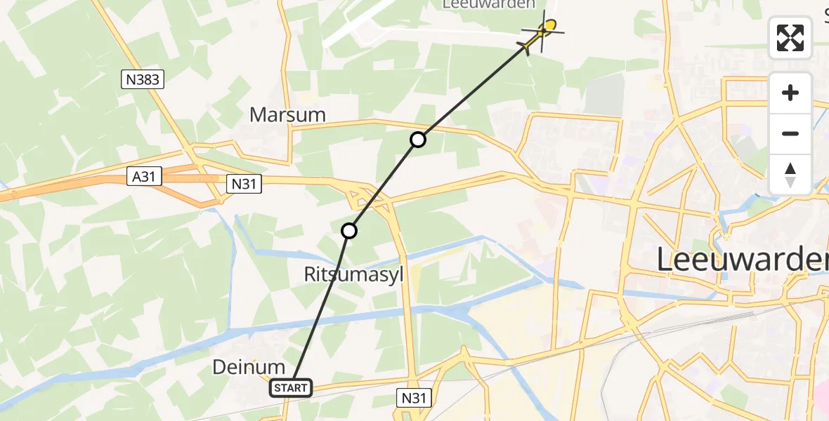 Routekaart van de vlucht: Ambulanceheli naar Vliegbasis Leeuwarden, Trekwei