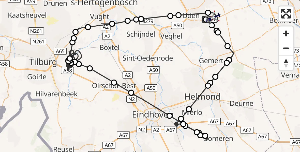 Vluchtroute Politiehelikopter van Vliegbasis Volkel naar Vliegbasis Volkel