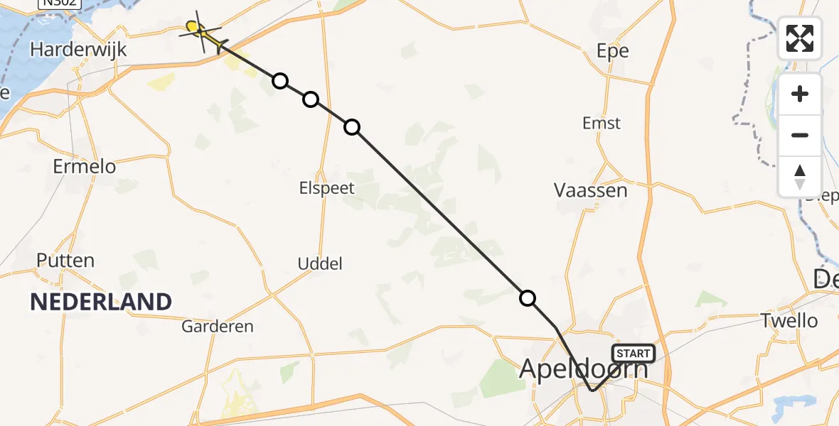 Routekaart van de vlucht: Politieheli naar Hulshorst, Vinkenlaan