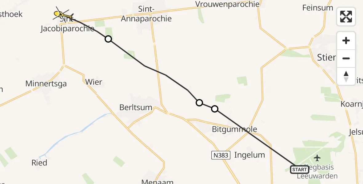 Routekaart van de vlucht: Ambulancehelikopter naar St.-Jacobiparochie, Alddyk
