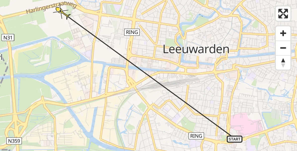 Routekaart van de vlucht: Ambulanceheli naar Leeuwarden, Douwe Tammingawei