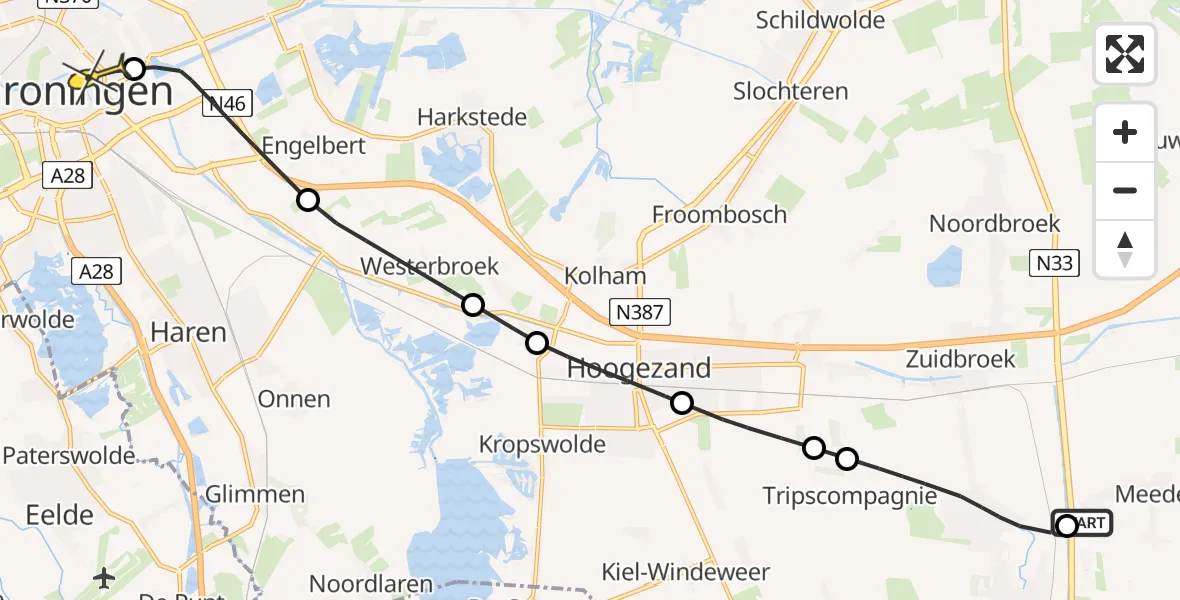 Routekaart van de vlucht: Lifeliner 4 naar Universitair Medisch Centrum Groningen, Bredeweg