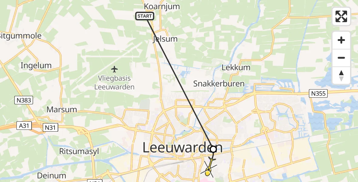 Routekaart van de vlucht: Ambulanceheli naar Leeuwarden, Vredeman de Vriesstraat