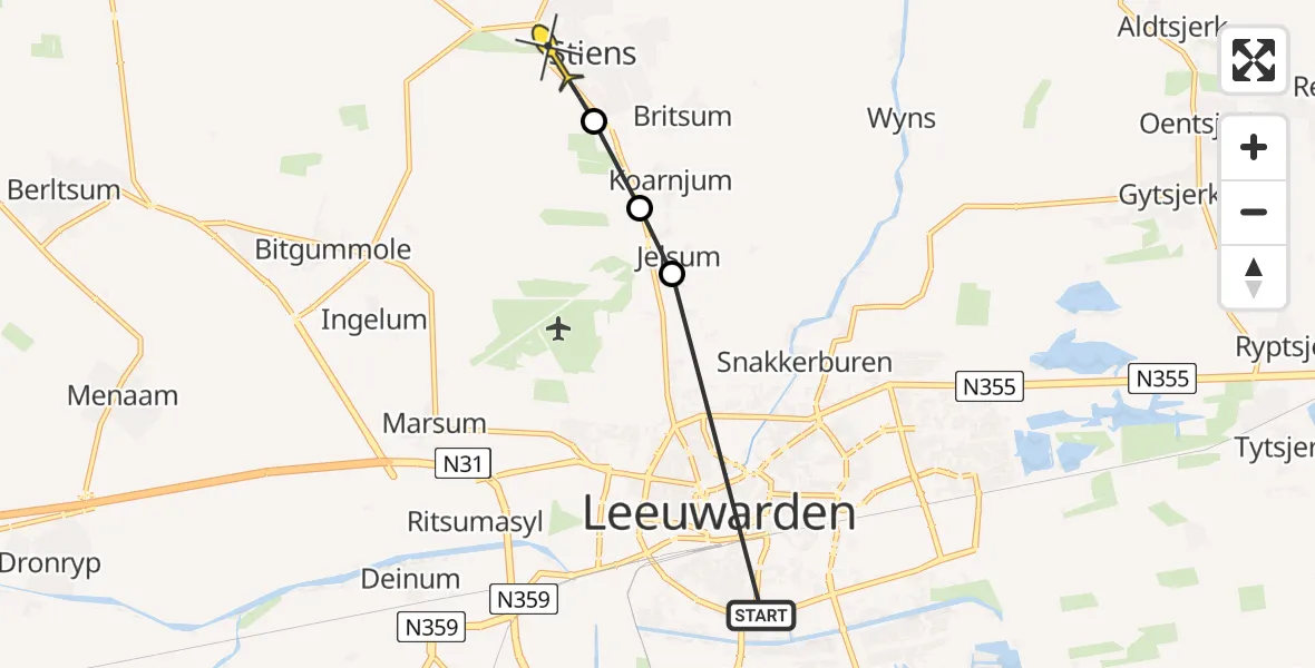 Routekaart van de vlucht: Ambulancehelikopter naar Stiens, Dekemawei