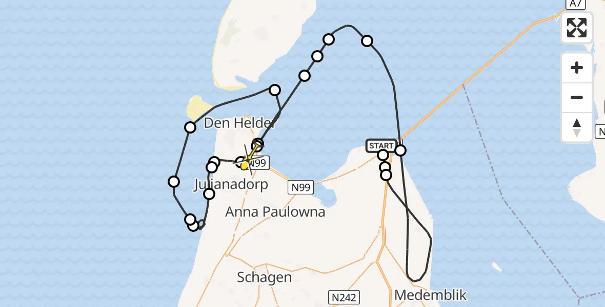 Routekaart van de vlucht: Kustwachthelikopter naar Vliegveld De Kooy, Oosterweg