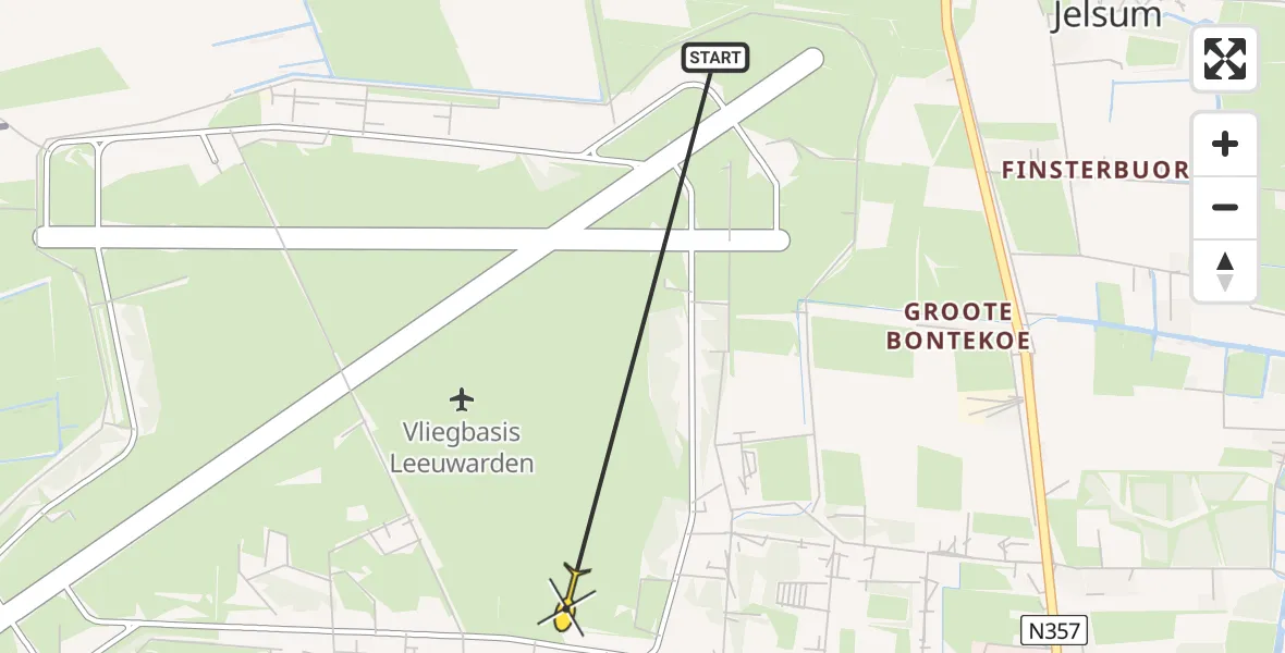 Vluchtroute Ambulancehelikopter van Vliegbasis Leeuwarden naar Vliegbasis Leeuwarden