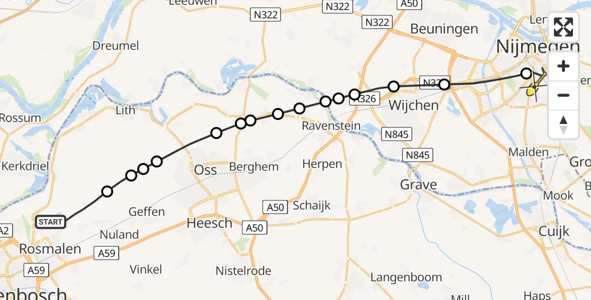 Routekaart van de vlucht: Lifeliner 3 naar Radboud Universitair Medisch Centrum, De Blauwe Oever