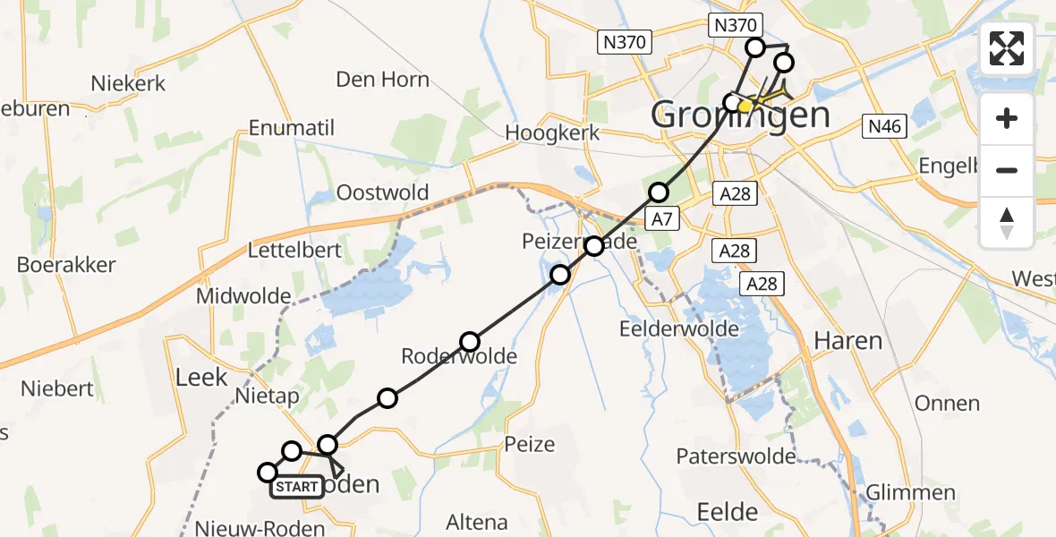 Routekaart van de vlucht: Lifeliner 4 naar Universitair Medisch Centrum Groningen, De Zulthe