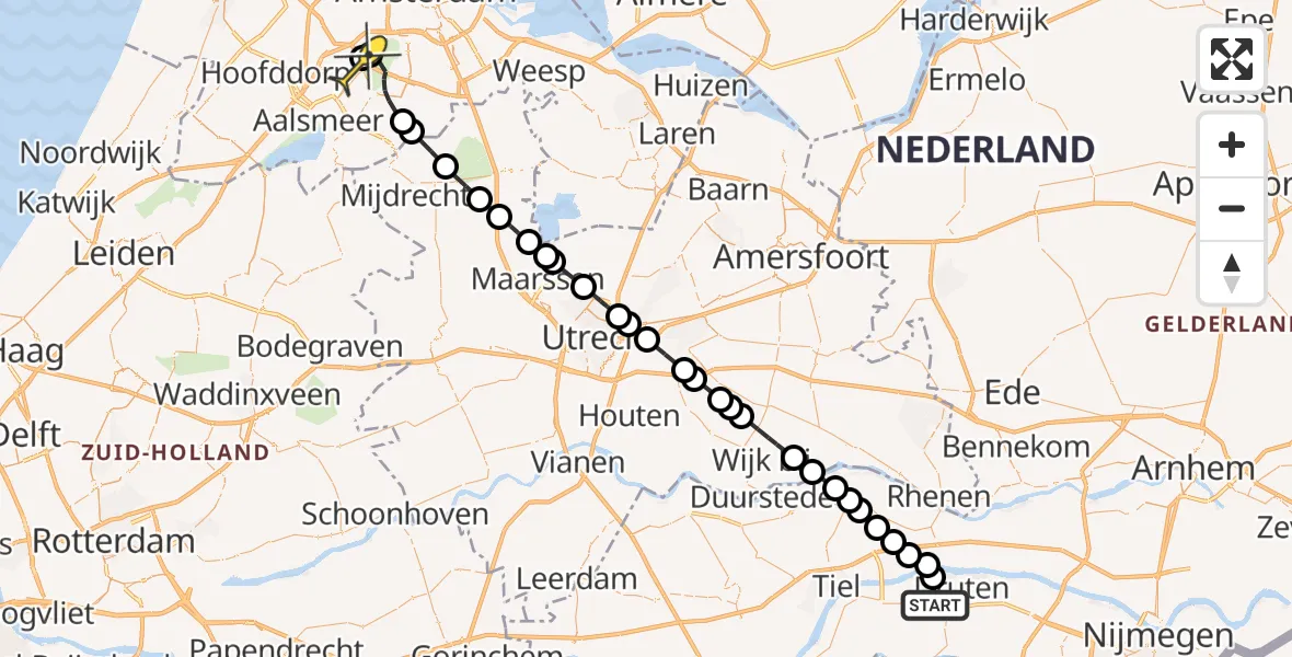 Routekaart van de vlucht: Politieheli naar Schiphol, Noord-Zuid