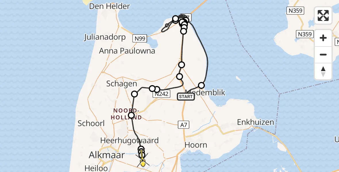 Routekaart van de vlucht: Politieheli naar Ursem, Medemblikkersluisweg