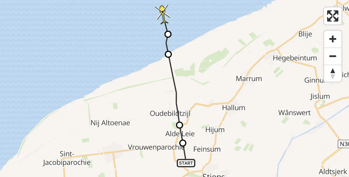 Routekaart van de vlucht: Ambulancehelikopter naar Marrum, Koekoekspaed