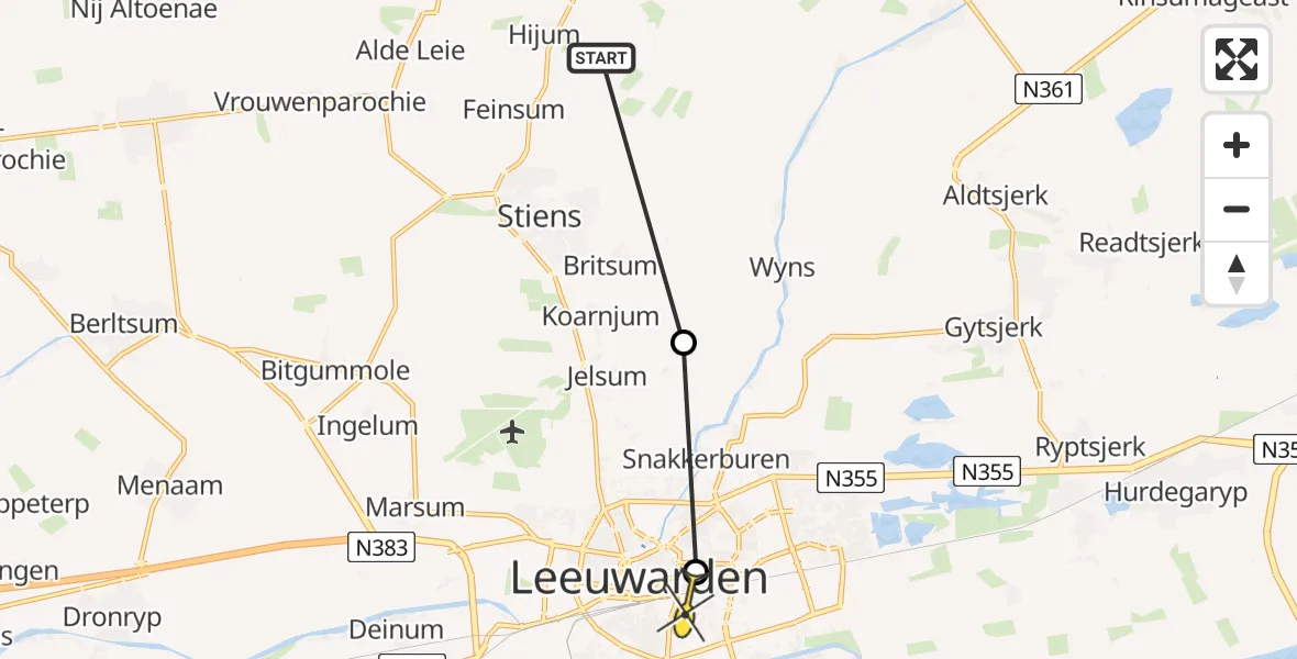 Routekaart van de vlucht: Ambulanceheli naar Leeuwarden, Koarnjumer Feart
