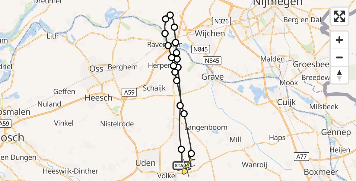 Routekaart van de vlucht: Lifeliner 3 naar Vliegbasis Volkel, De Bunders