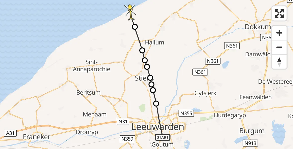 Routekaart van de vlucht: Ambulancehelikopter naar Marrum, Rengerspad