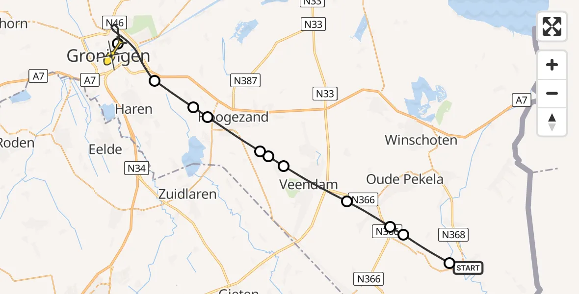 Routekaart van de vlucht: Lifeliner 4 naar Universitair Medisch Centrum Groningen, Onstwedderweg