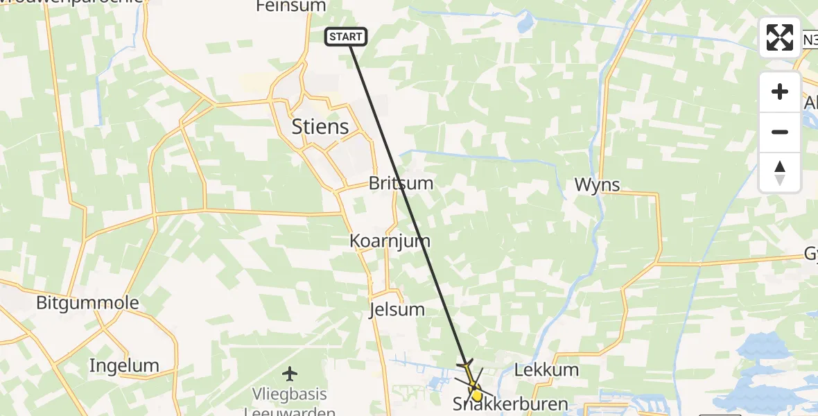 Routekaart van de vlucht: Ambulancehelikopter naar Leeuwarden, Siebold Bargehassuspad