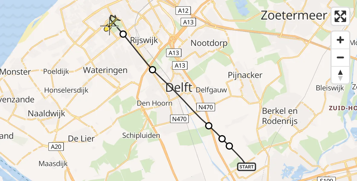 Routekaart van de vlucht: Lifeliner 2 naar Den Haag, Hofweg