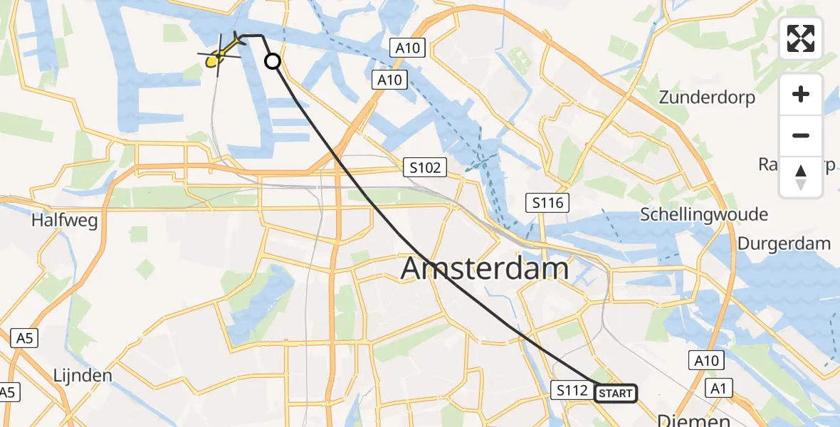 Routekaart van de vlucht: Lifeliner 1 naar Amsterdam Heliport, Albert Luthulistraat