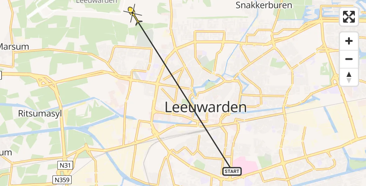 Vluchtroute Ambulancehelikopter van Leeuwarden naar Vliegbasis Leeuwarden