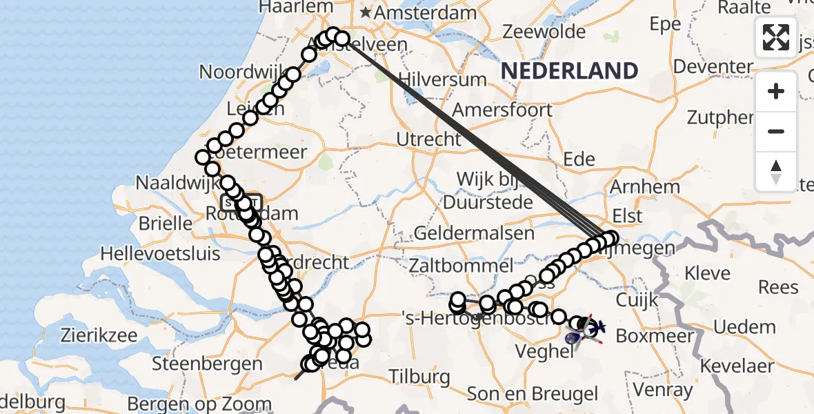 Vluchtroute Politiehelikopter van Rotterdam The Hague Airport naar Vliegbasis Volkel
