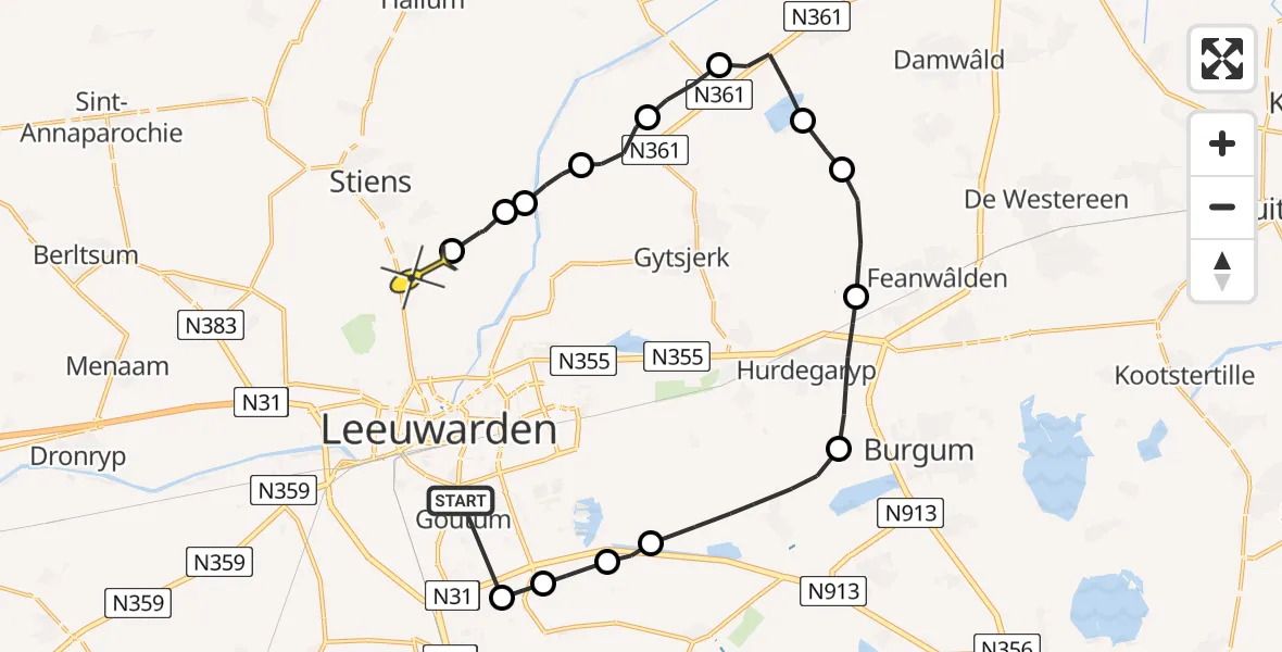 Routekaart van de vlucht: Ambulanceheli naar Jelsum, Wergeasterdyk